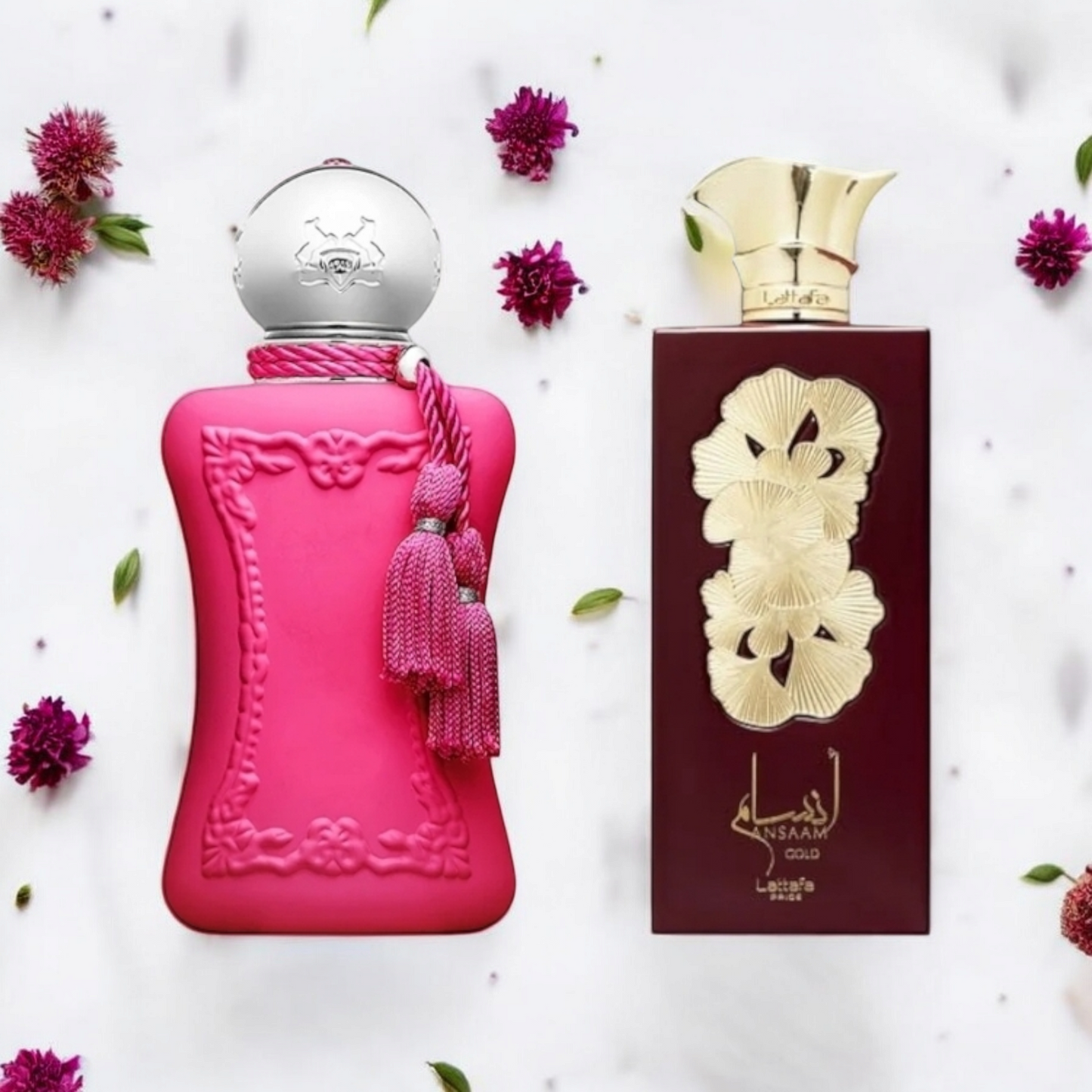 This set come with:
1 x 1ml Oriana by Parfum de Marly
1 x 1ml Ansaam Gold by Lattafa