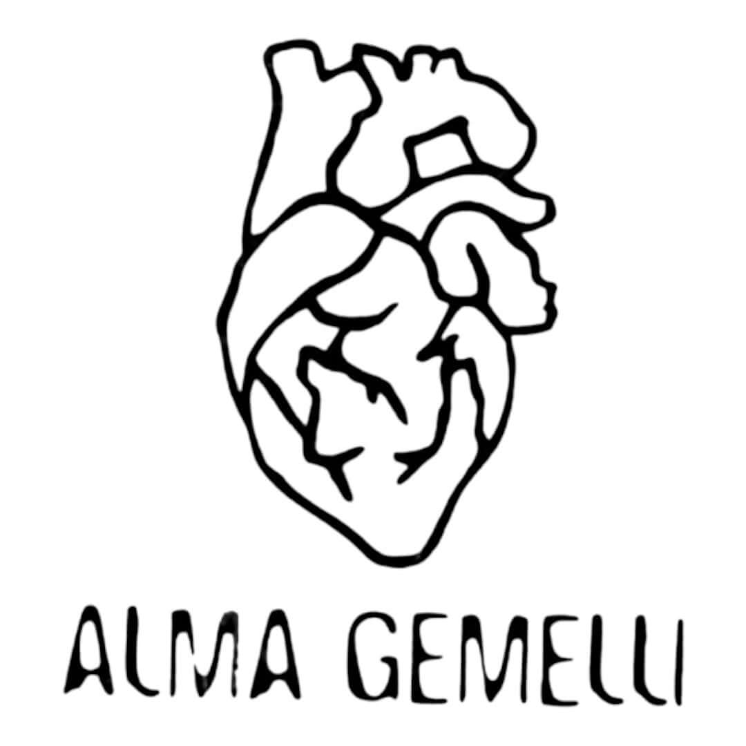 Alma Gemelli logo illustration featuring a stylized heart in black and white.