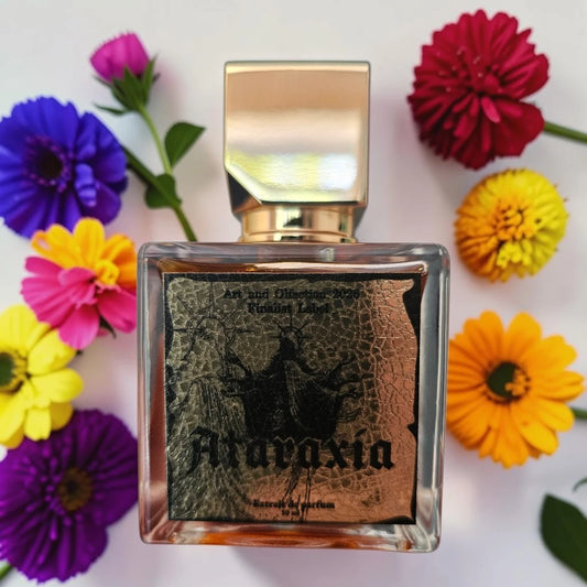 Ataraxia Deity Art and Olfactory Awards special edition. Fragrance samples 1ml, 2ml & 5ml. A square glass perfume bottle with a metallic gold cap, featuring a dark cracked-glass label with the word Ataraxia in gothic lettering. The bottle is surrounded by colorful artificial flowers on a white background.