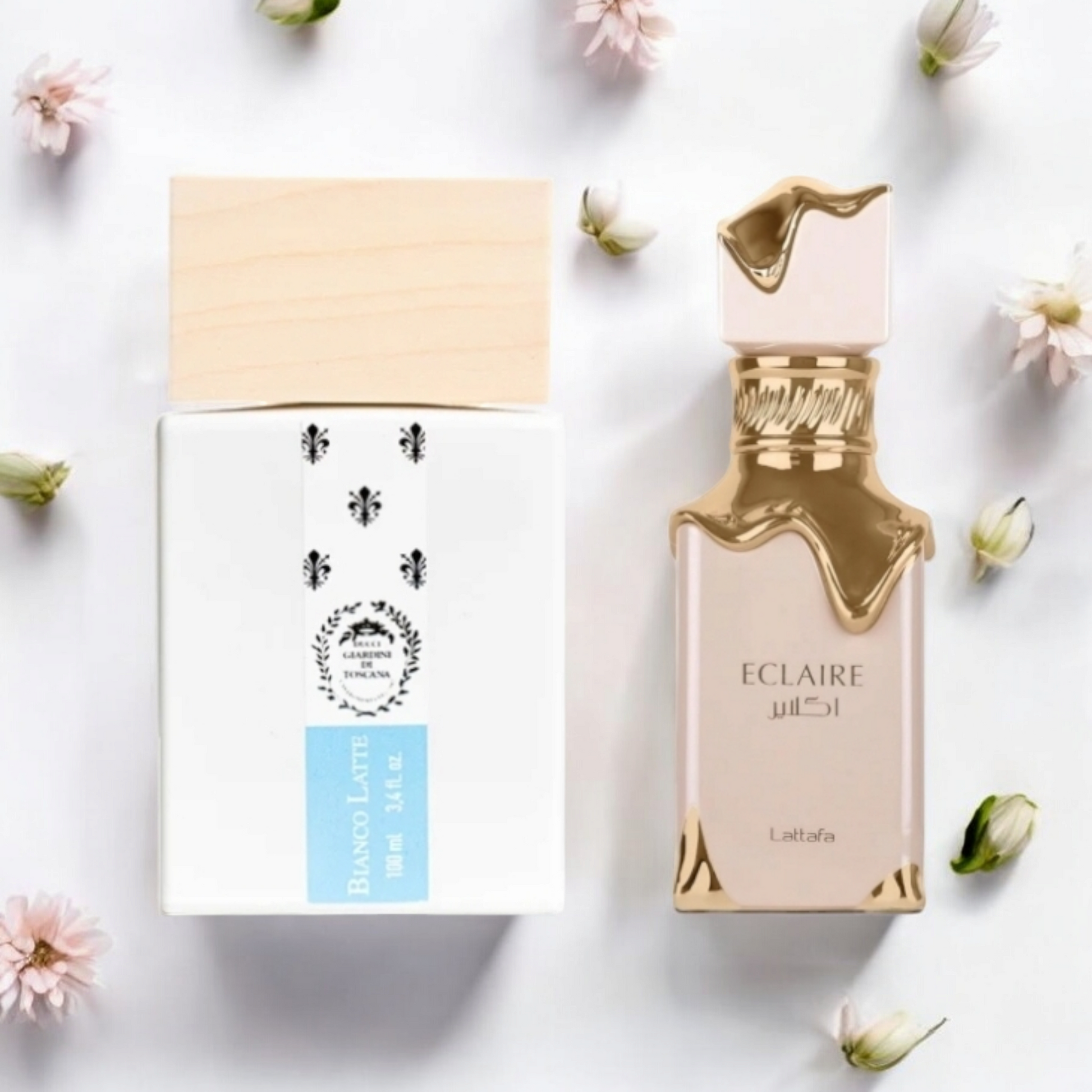  Dupe Sample Set 
This set come with:
1 x 1ml Bianco Latte by Giardini Di Toscana
1 x 1ml Éclaire by Lattafa