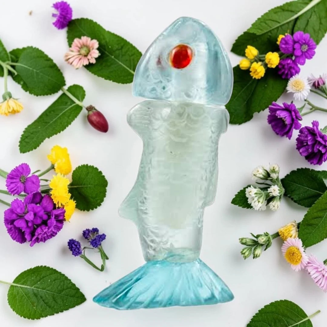 A translucent light blue fish-shaped bottle with a red gemstone eye, styled on a white background with green leaves and colorful flowers. House Of Atropa He Is Fish | Fragrance Samples UK 1ml 2ml and 5ml perfume samples available 
