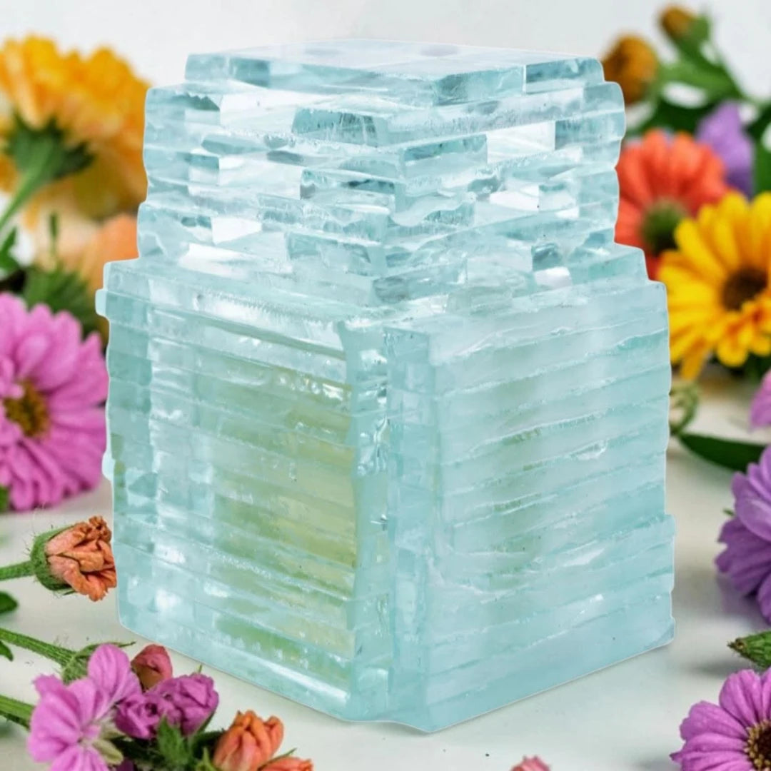 A stack of translucent pale aqua glass blocks or tiles arranged in a rectangular shape, photographed on a white surface with colorful flowers around the edges. House Of Atropa Tesseract | Fragrance Samples UK 1ml 2ml and 5ml perfume samples available 