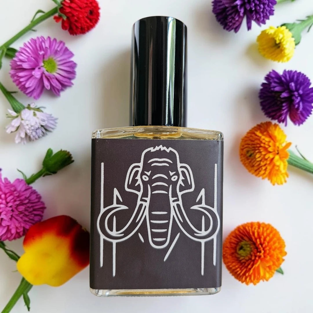 A square glass bottle with a black cap and a dark charcoal label featuring a white line art illustration of a mammoth, surrounded by colorful flowers on a white background.

House Of Mammoth Dinos'mores Fragrance Samples UK 1ml 2ml 5ml samples available 