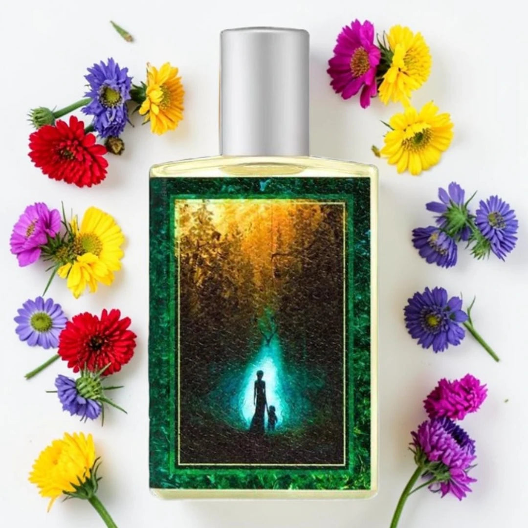 A rectangular perfume bottle with a silver cap and a green glittery border, featuring an illustration of a glowing blue-green light in a dark forest. The bottle is surrounded by colorful artificial flowers on a white background. Imaginary Authors Impassable Wilderness | Fragrance Samples UK 1ml 2ml and 5ml perfume samples available 