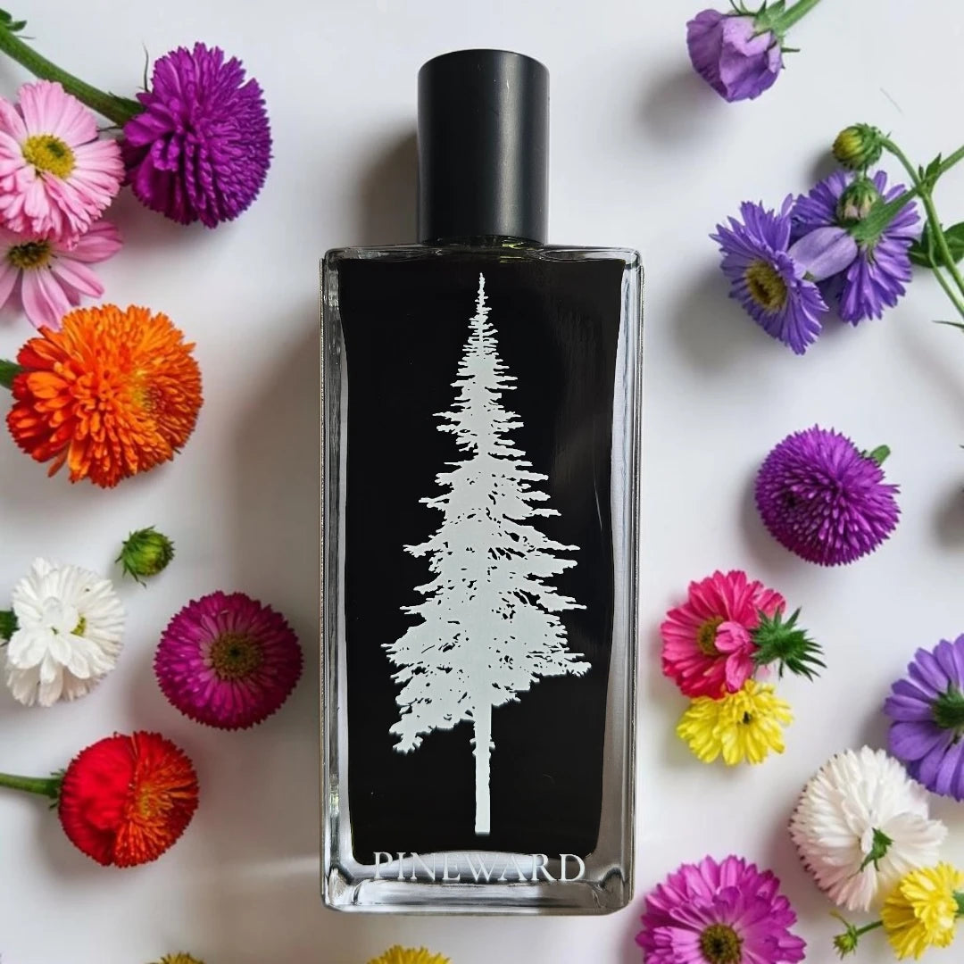 A rectangular glass perfume bottle with a black label featuring a white pine tree design and the brand name 'PINEWARD' at the bottom, surrounded by colorful flowers on a white background. Pineward Funerie | Fragrance Samples UK
