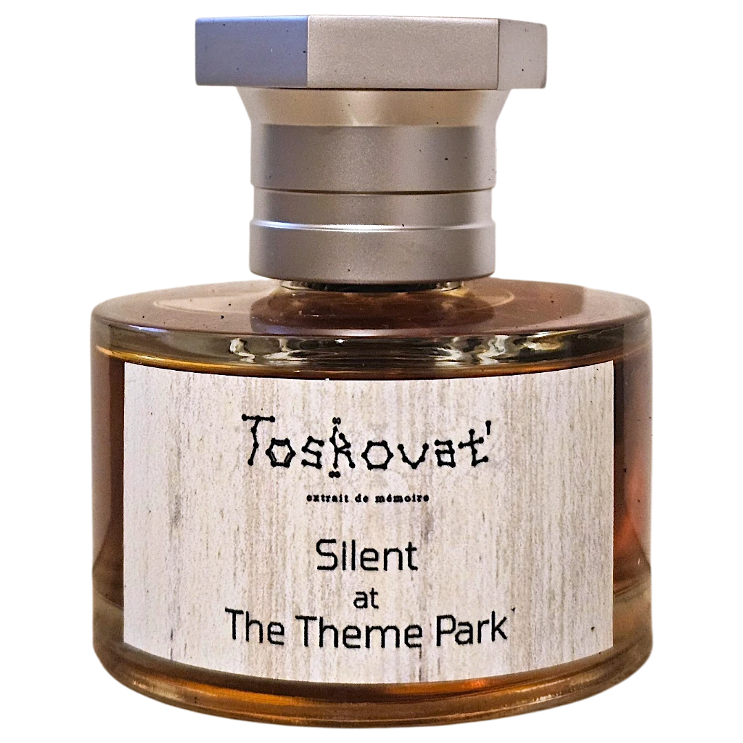 A bottle of Toskovat' 'Silent at The Theme Park' extrait de memoires perfume, featuring amber liquid in a clear glass bottle with a silver-toned metal cap and a light wood-grain textured label.