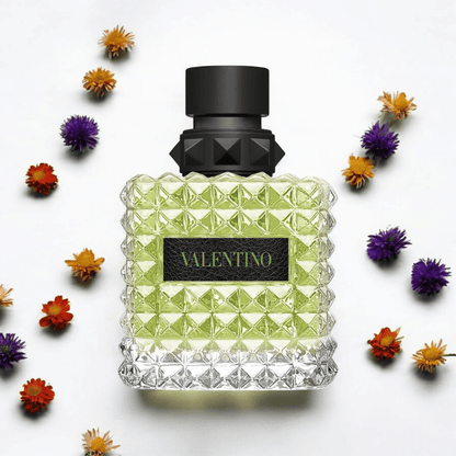 Donna Born in Roma Green  Stravaganza Valentino perfume fragrance samples in 1ml, 2ml, and 5ml sizes, offering a luxurious and versatile scent experience.