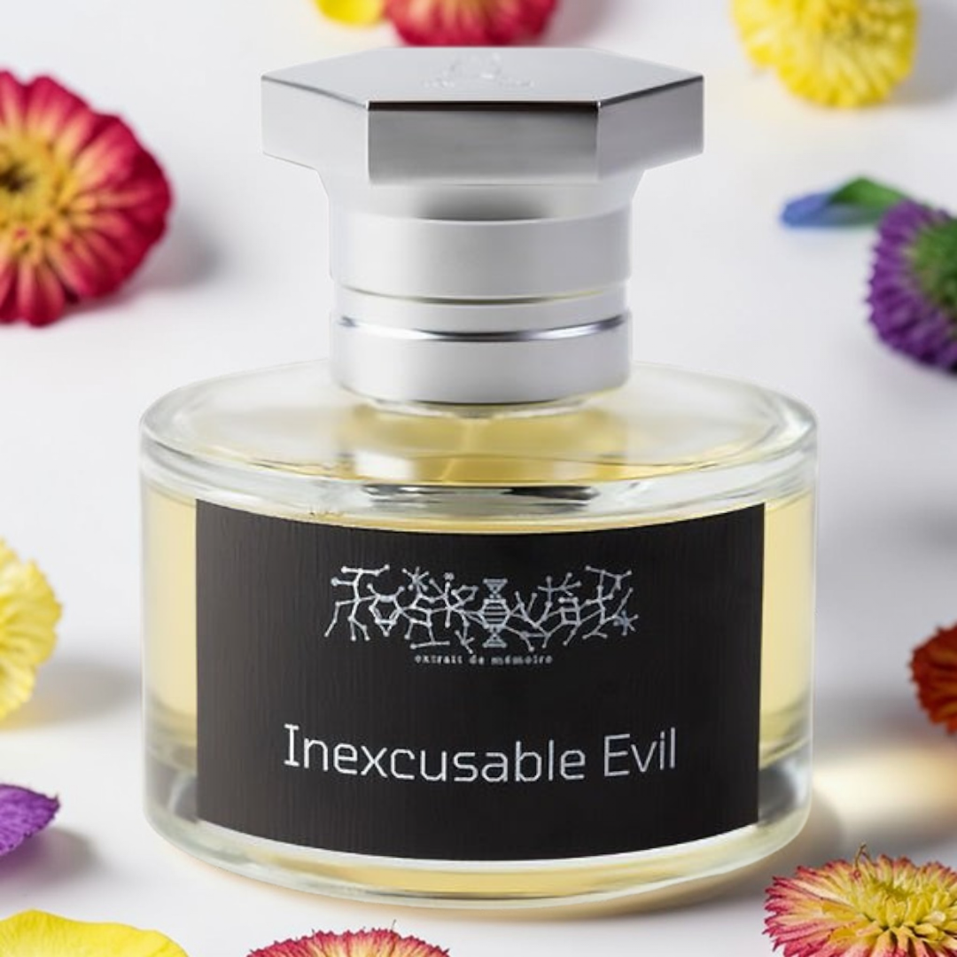 Toskovat Inexcusable Evil fragrance sample bottle surrounded by colorful flowers.